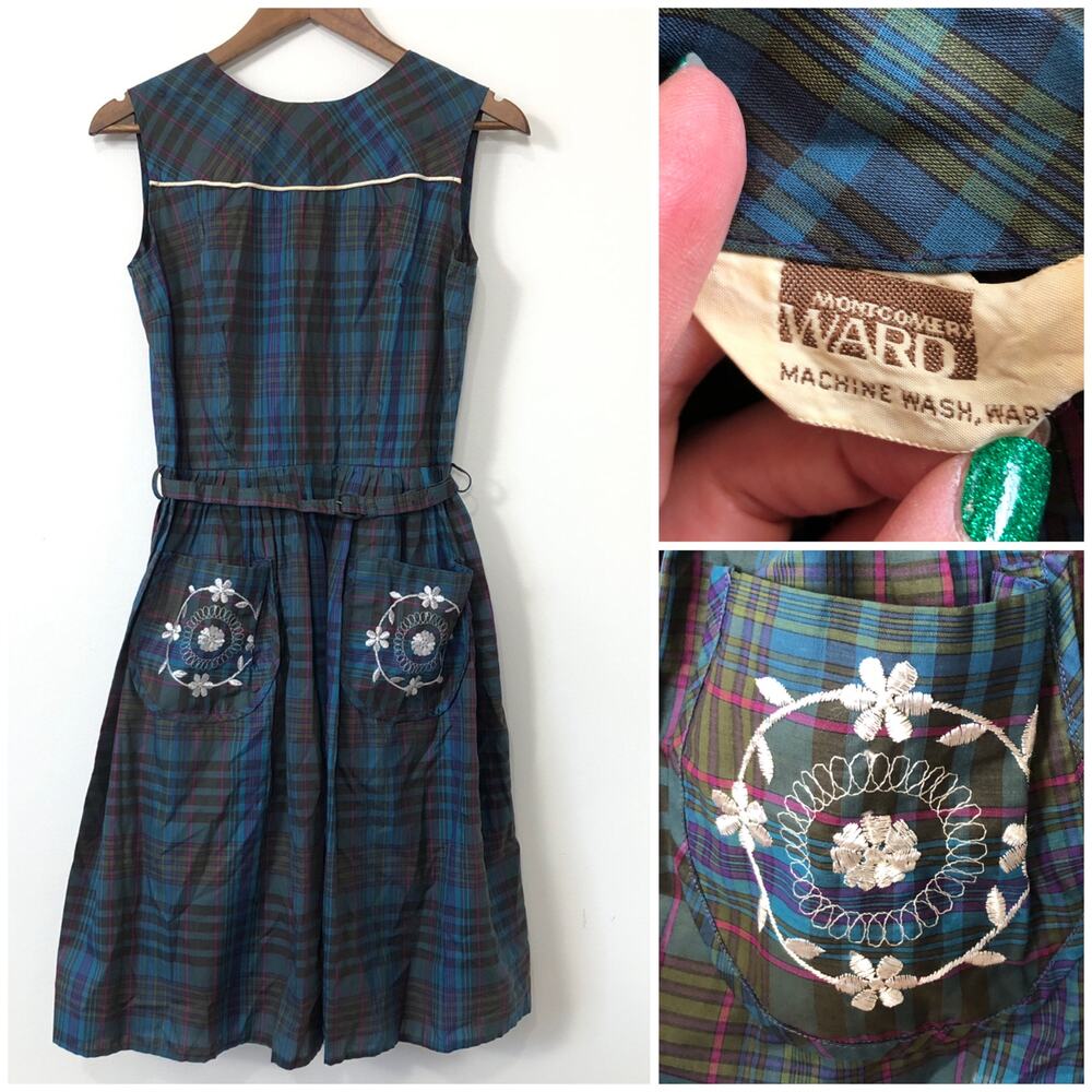 VTG 70s Montgomery Ward Plaid Dress Embroidered Pockets Belted‎ XS Praire